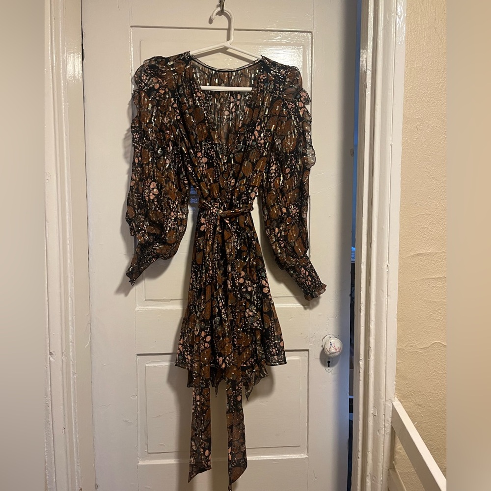 Ulla Johnson 4 Natalia silk long sleeve brown gold  dress lurex boho romantic - Picture 5 of 8